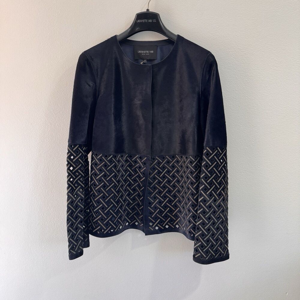NWT Lafayette 148 New York Jacket $2,998 M Calf Hair Leather Navy Blue Cutout - Picture 3 of 13
